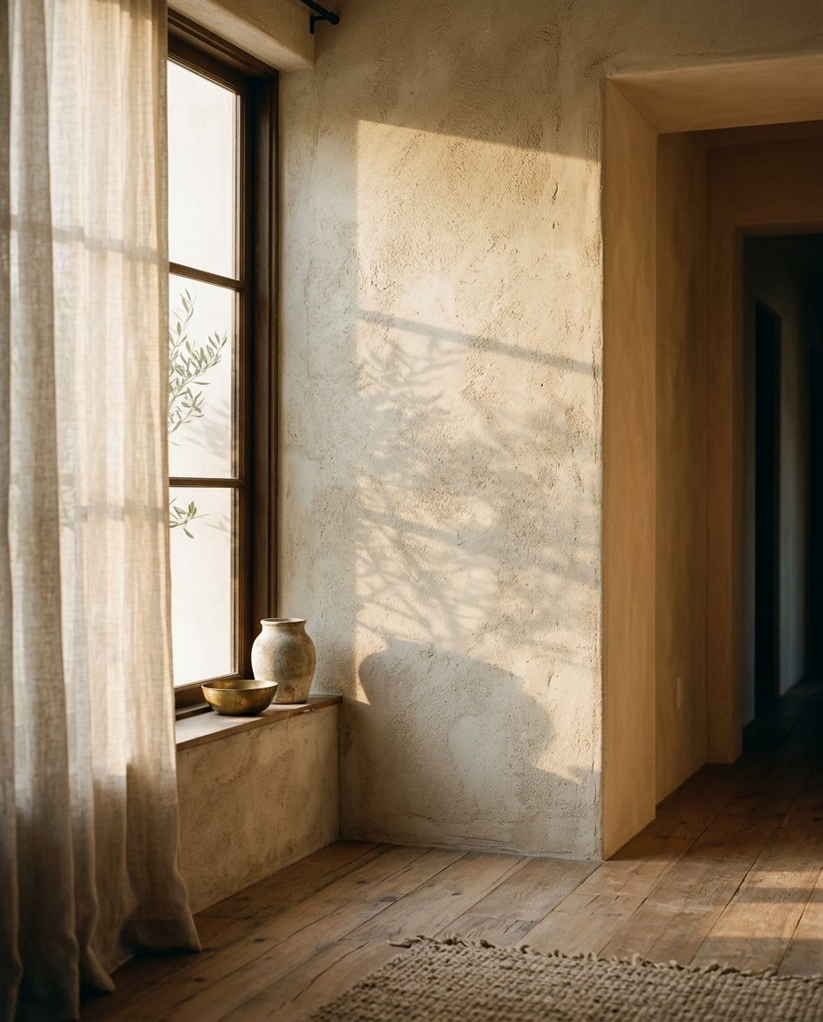 Warm sunlight through linen curtains in a textured plaster interior of a Laurel Canyon home, Los Angeles