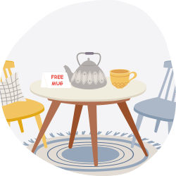 Illustration of a table with a teapot and free mug, two chairs, and a patterned rug.