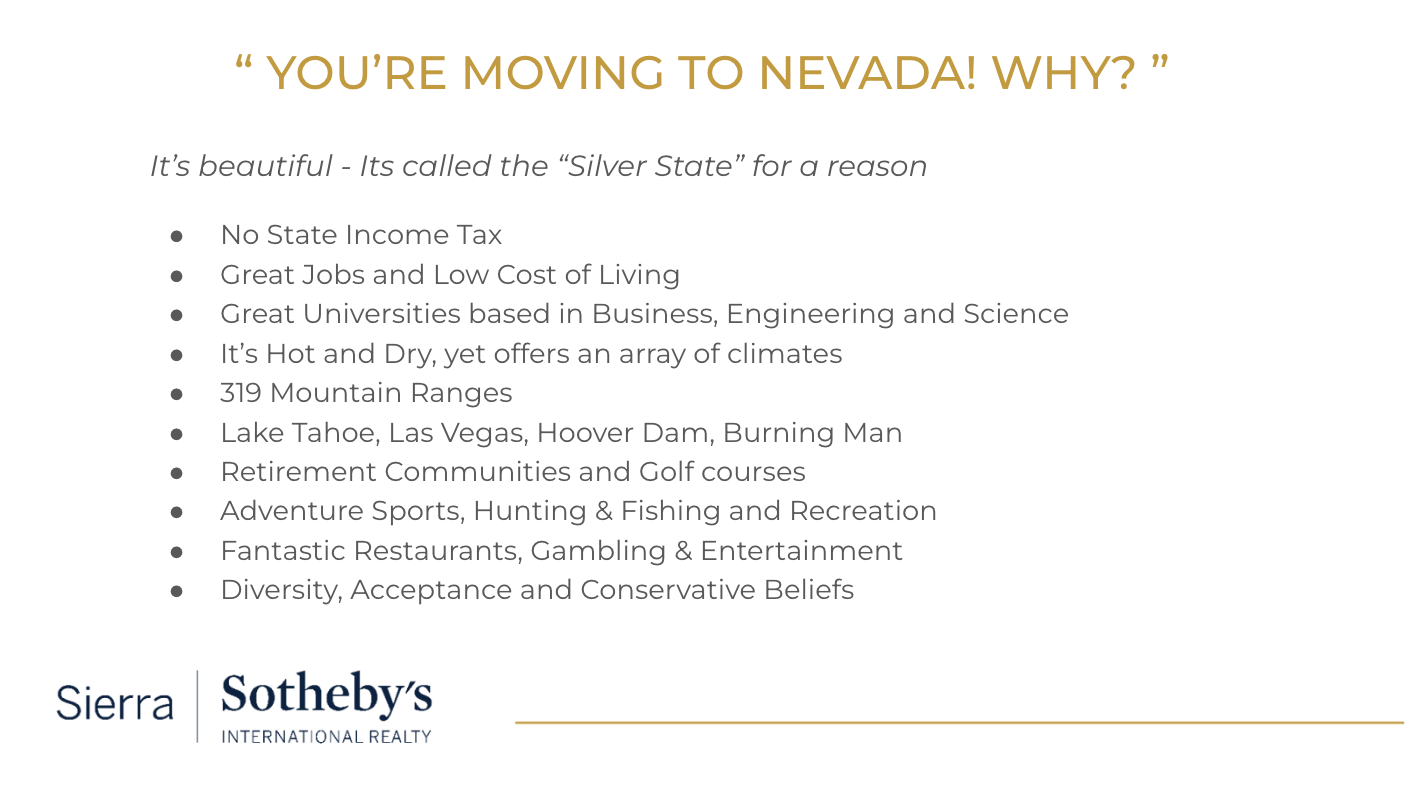 Reasons to move to Nevada, including no state income tax, jobs, recreation, and varied climates.