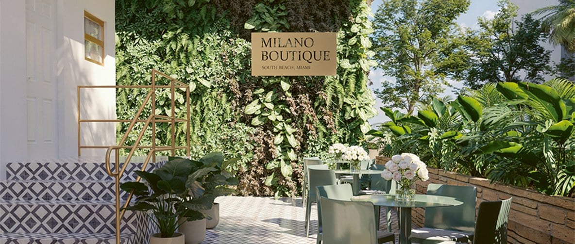 Rendering of ground-floor café at Milano Boutique in South of Fifth, Miami Beach.