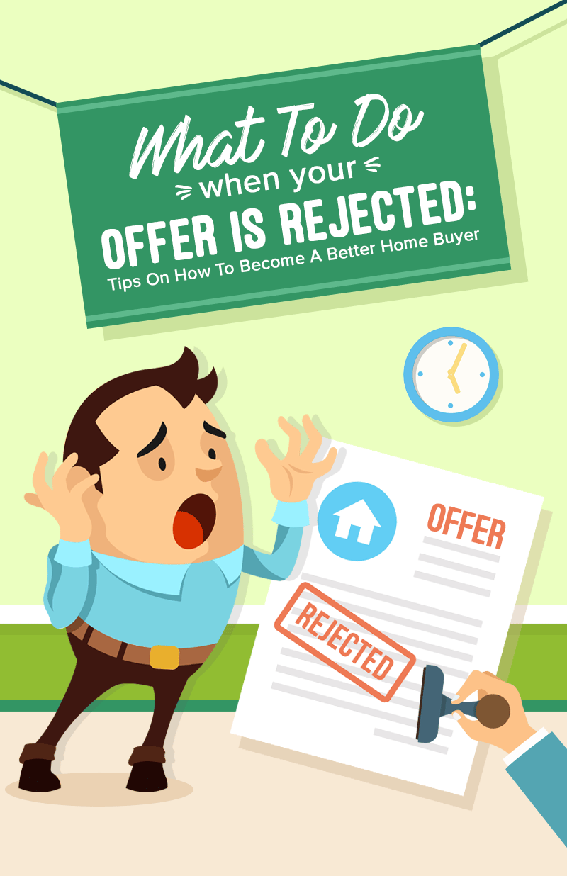 Illustration about a rejected home offer, with a worried buyer and an offer document stamped “REJECTED.”