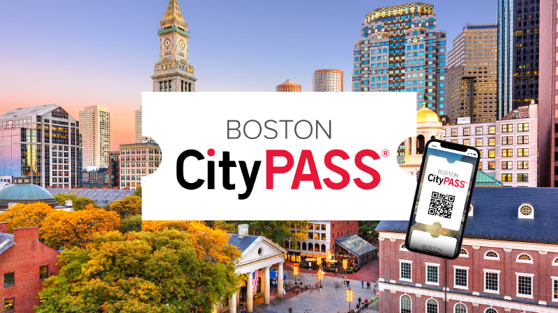 Boston CityPASS promotion over an autumn skyline, with a smartphone displaying a pass.