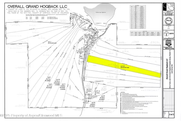 Survey plat for Overall Grand Hogback LLC with one long parcel highlighted in yellow.
