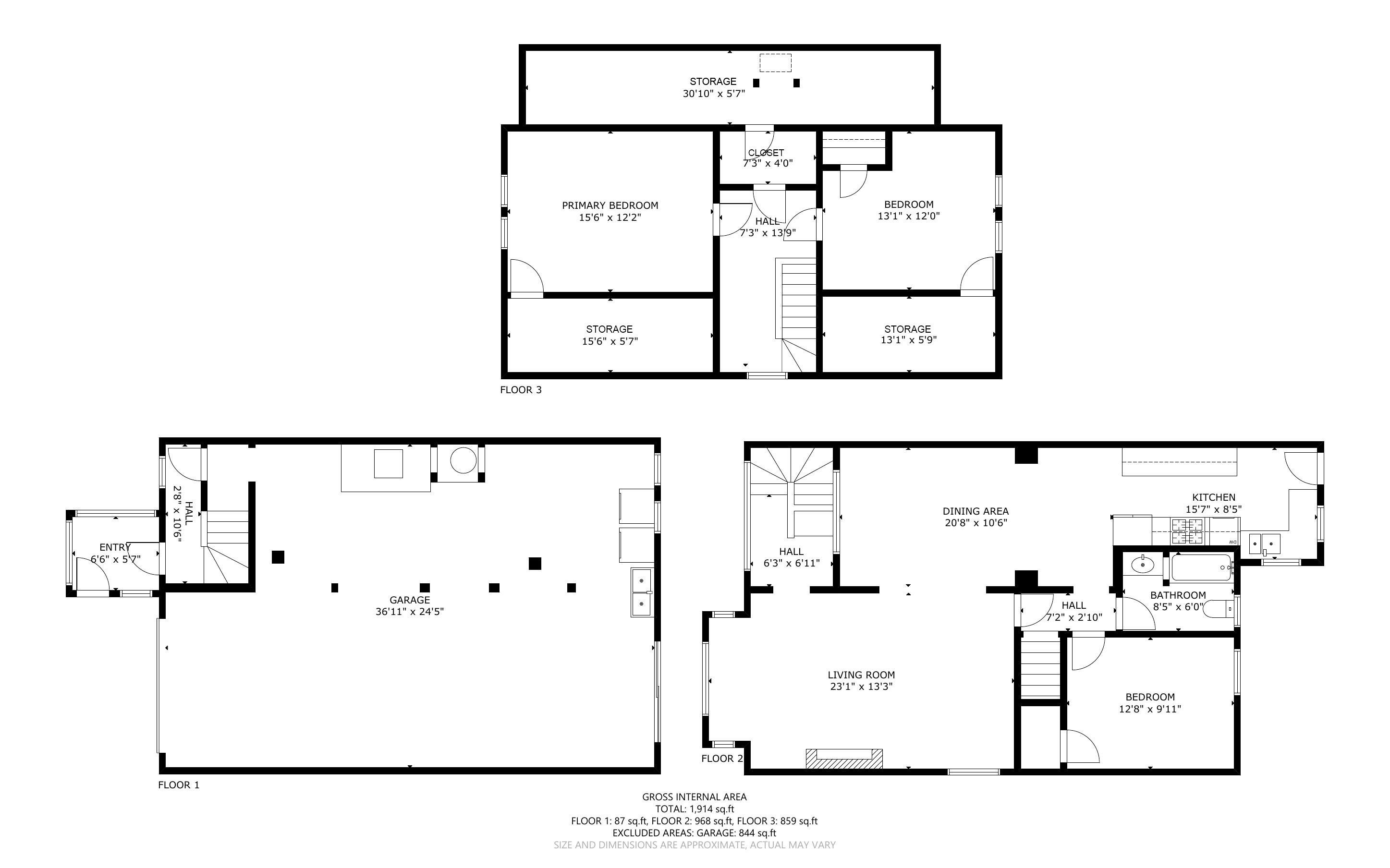 Floor plan showing the three-bedroom layout of 1738 Great Highway
