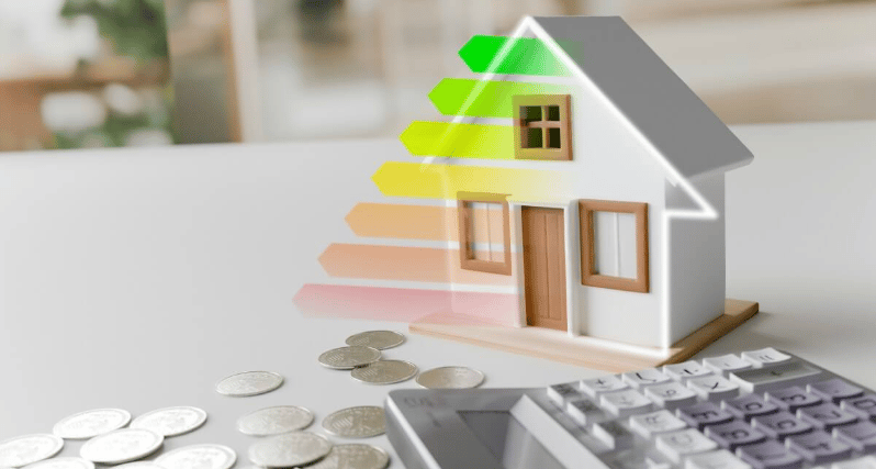 Miniature house beside coins and a calculator, with colored bars suggesting energy use.