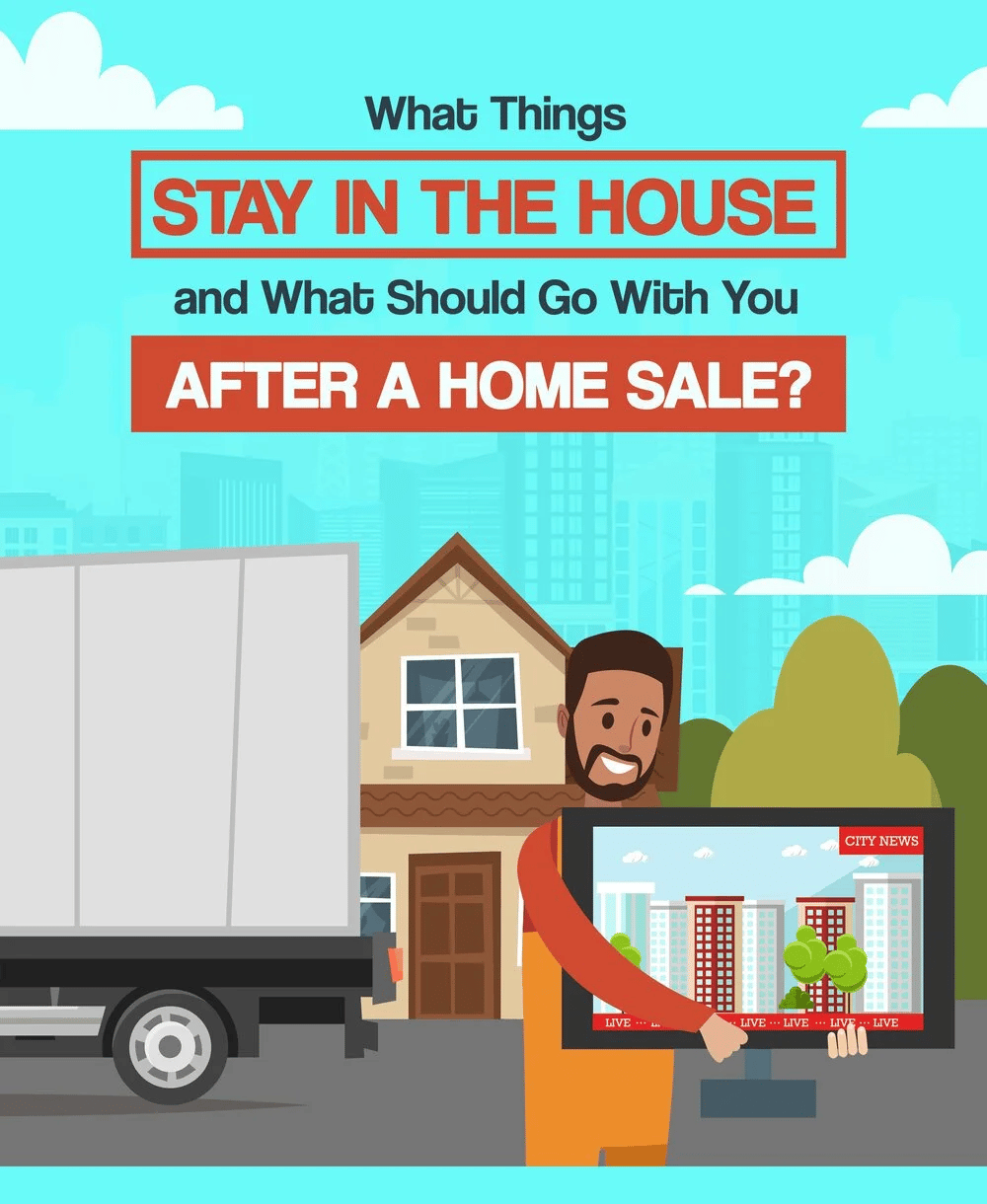 Moving-sale illustration asks what stays in the house and what goes with you after a home sale.