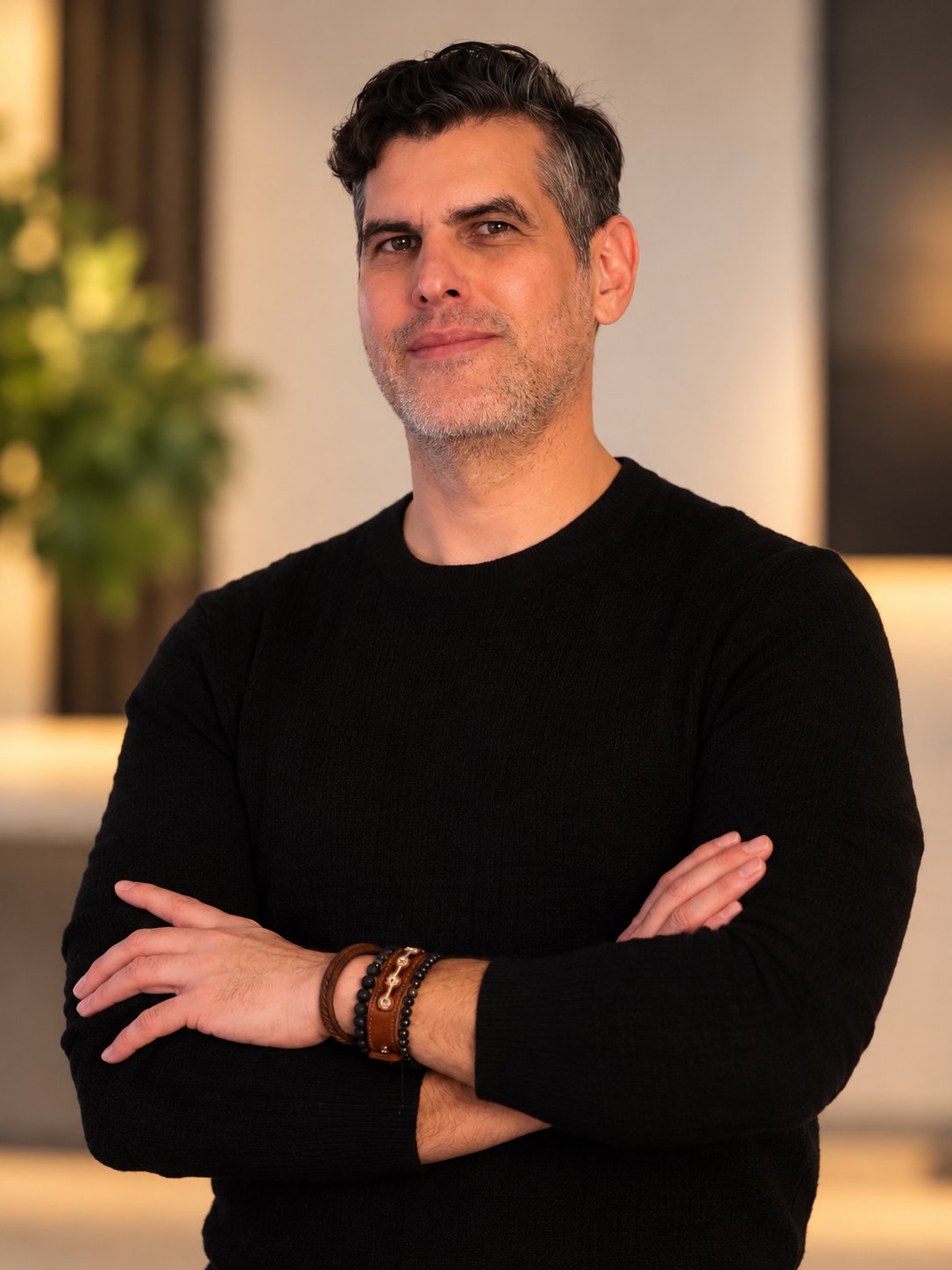 David Scott in a black sweater, arms crossed, wearing bracelets.