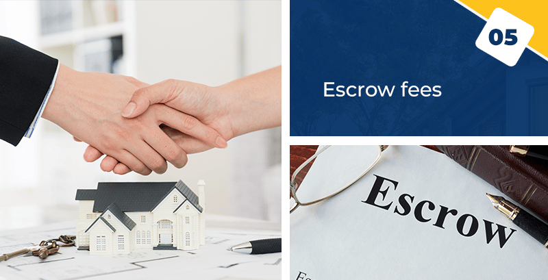 Escrow fees infographic with a homebuyer handshake, model house, and escrow document.