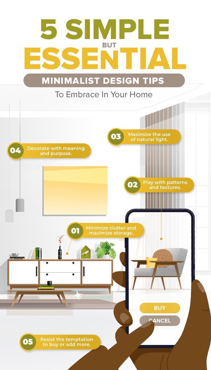 Five minimalist design tips illustrated in a living room, including maximizing light and minimizing clutter.