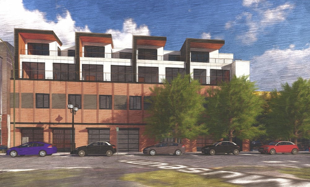 614 Cookman Avenue development rendering with brick facade, white upper levels, and rooftop terraces.