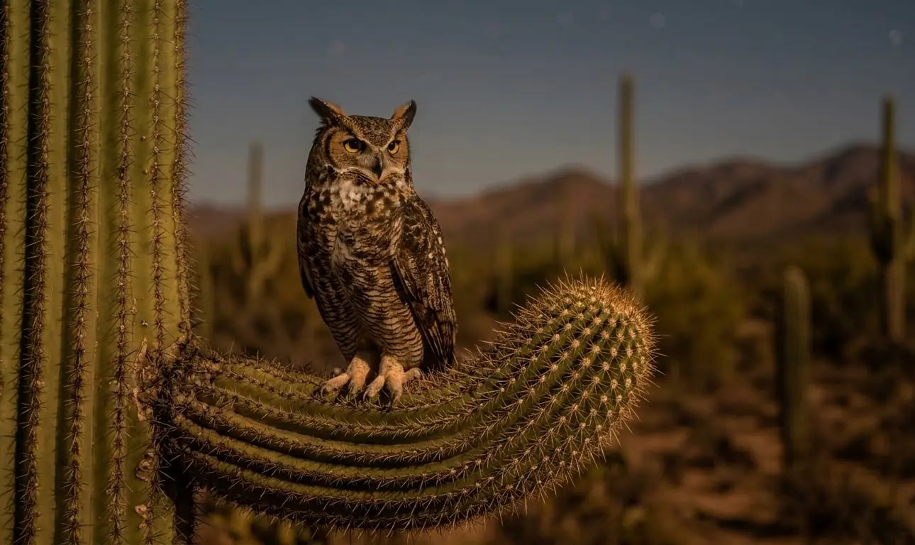 A great horned owl perched on the arm of a saguaro cactus at night, moonlit Sonoran Desert background