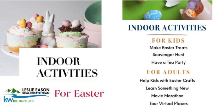 Indoor Easter activities guide listing ideas for kids and adults, with decorated cupcakes and Easter eggs.