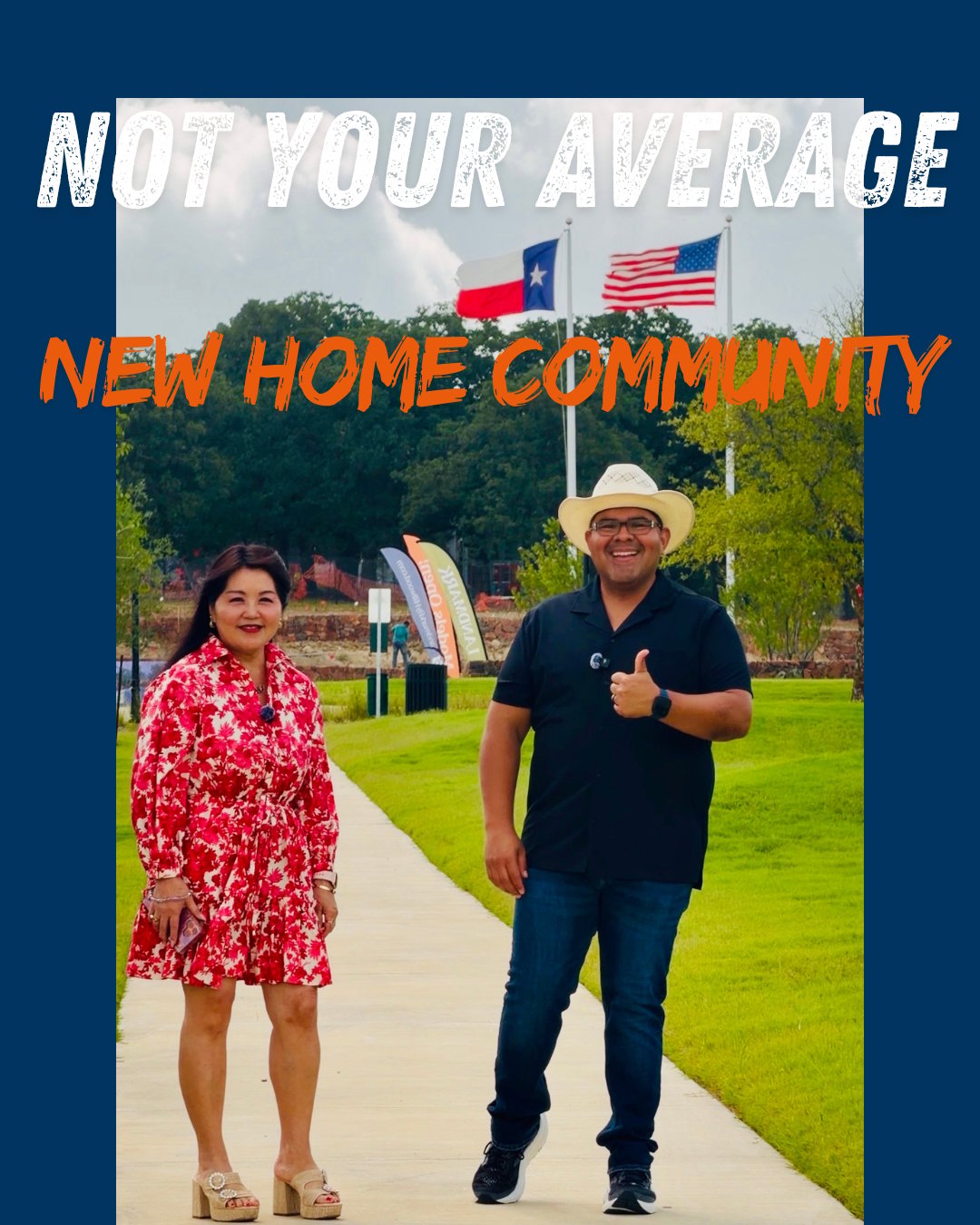 Edna, Highland Homes Sales Counselor, and Edson Miranda at Landmark by Hillwood in Denton, TX, a master-planned community with parks, trails, and a private dock