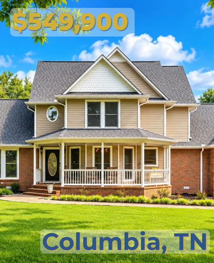 Two-story tan-and-brick home with a covered porch and broad green lawn.