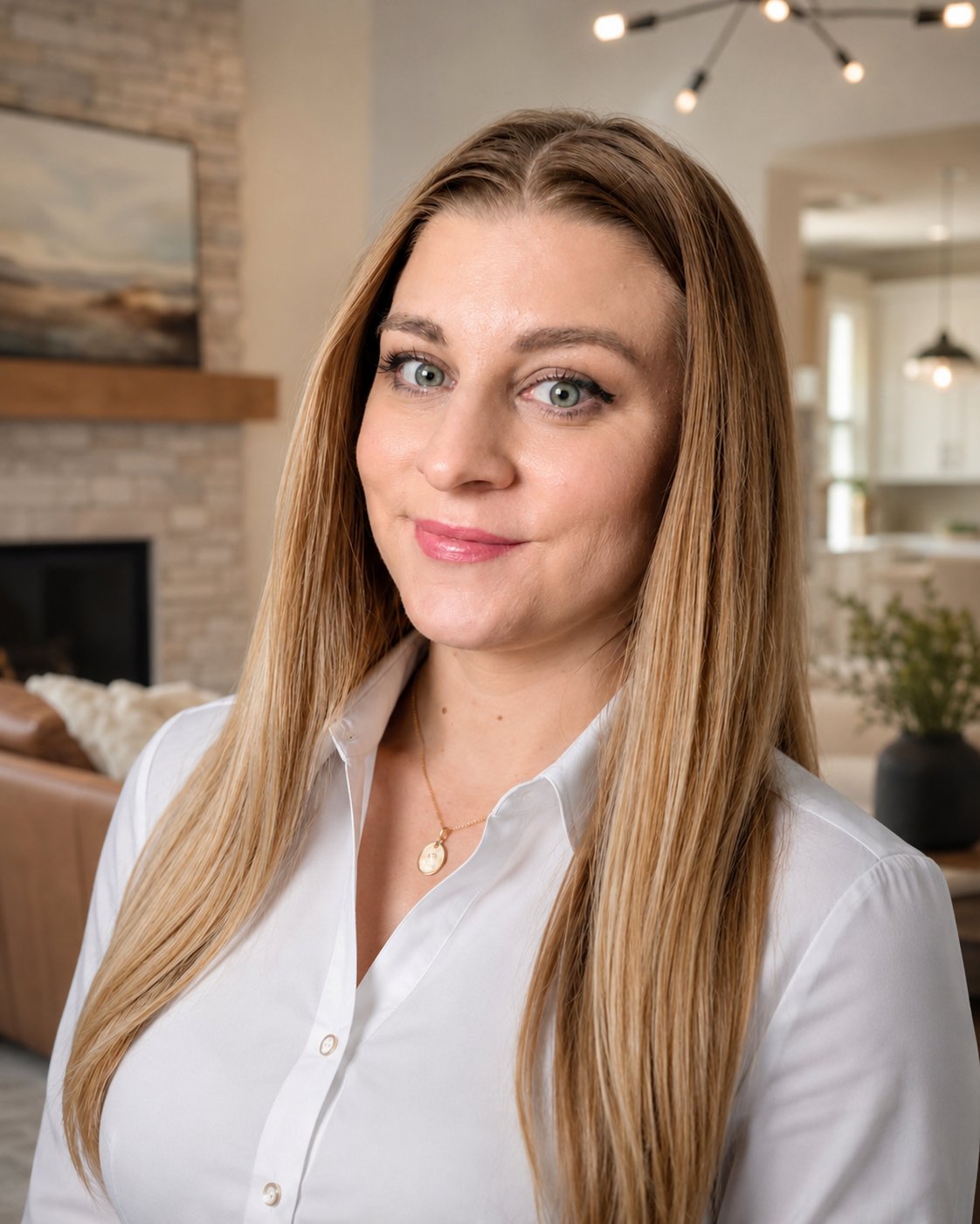 Lacey Finnell in a white blouse, posed in a warmly furnished living room.