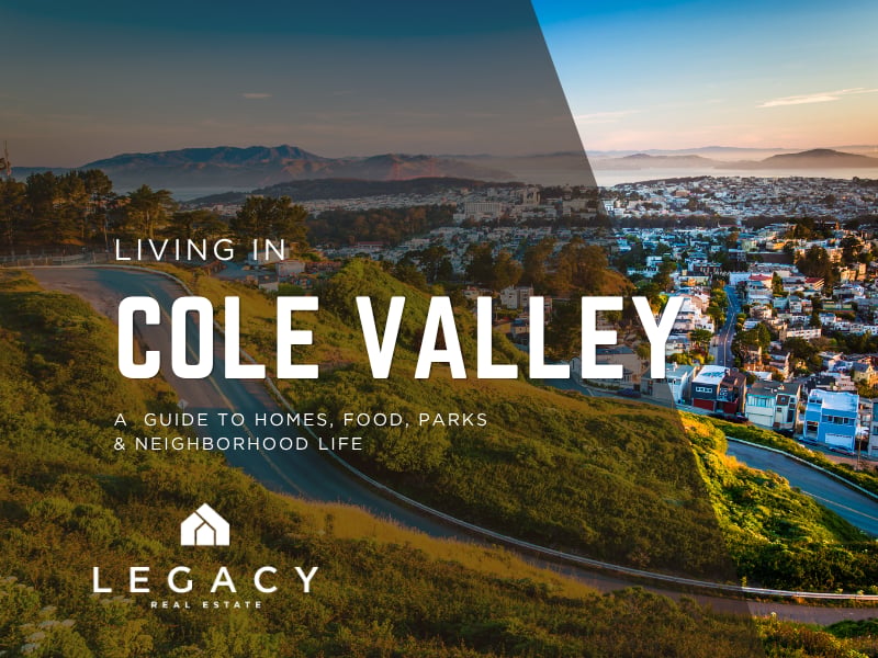 View over Cole Valley in San Francisco with surrounding hills, homes and skyline, featured in a guide to Cole Valley homes, parks, food and neighborhood life.