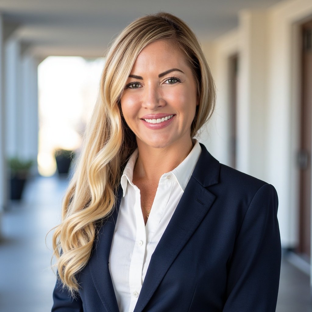 Cassandra Williams smiling in a navy blazer and white blouse in a bright office.