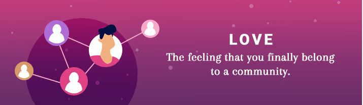Love and community graphic with connected profile icons and a definition of belonging.