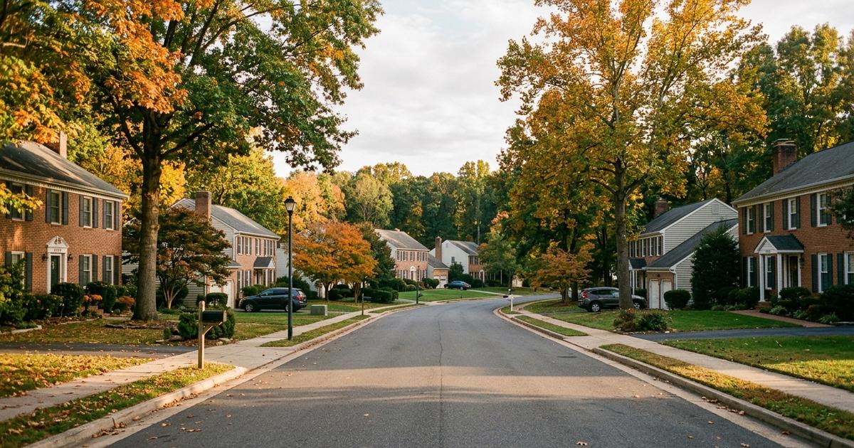 Quiet suburban residential street lined with detached houses and mature hardwood trees
