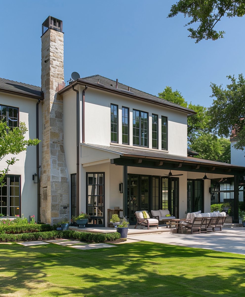 Two-story home with a tall stone chimney and covered patio overlooking a landscaped lawn.