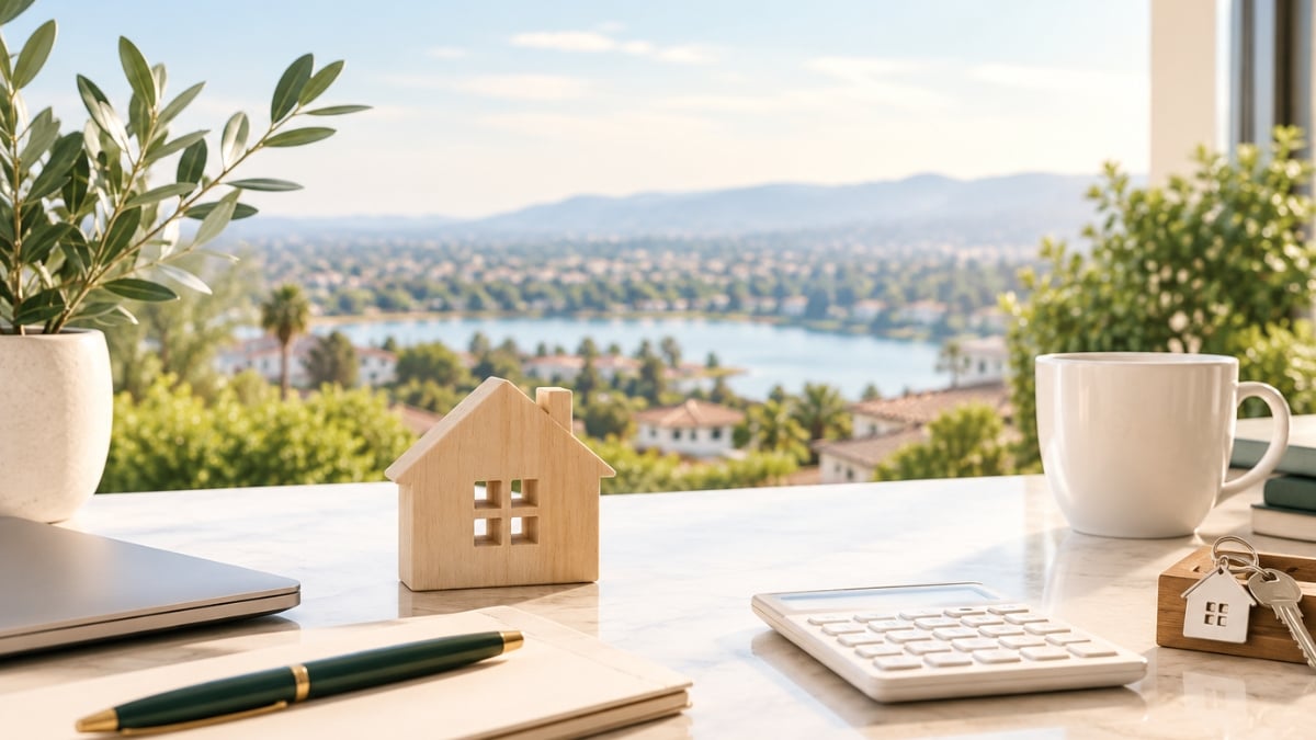 A wooden house model, calculator and keys on a tabletop overlooking a lakeside town.