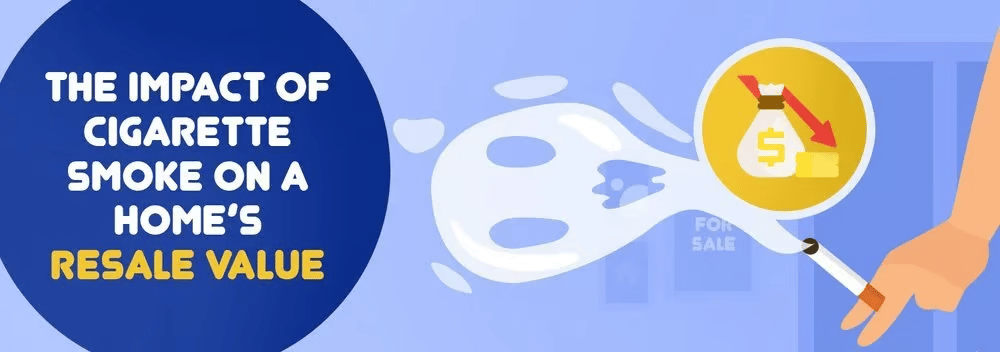 Graphic showing cigarette smoke lowering a home's resale value, with a for-sale house and falling money symbol.