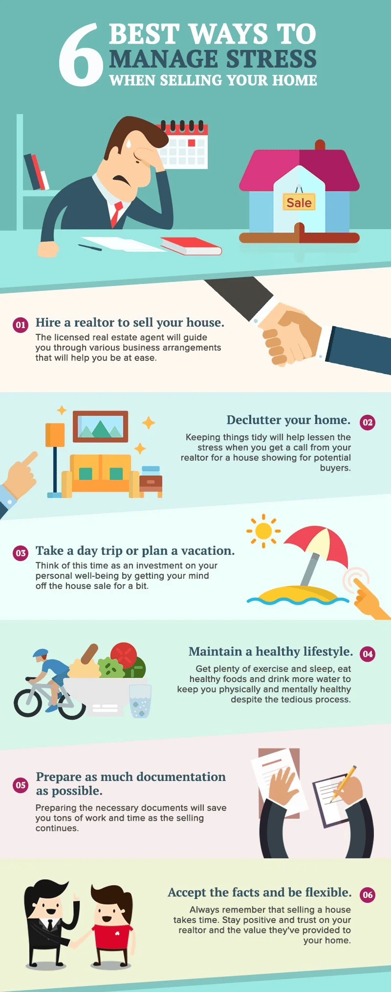 Infographic listing six ways to manage stress when selling a home, with illustrations for each tip.