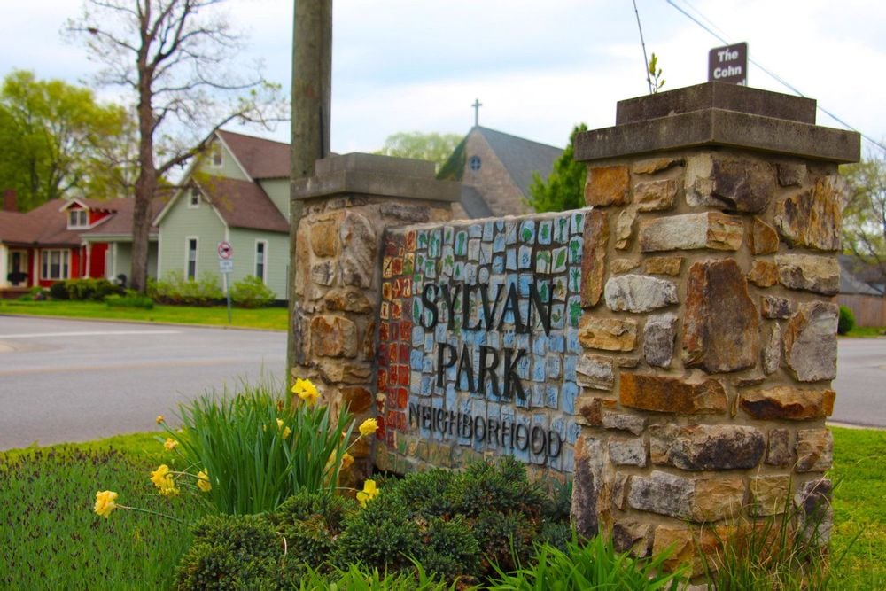 Sylvan Park neighborhood entrance sign in Nashville Tennessee near local homes and community green spaces