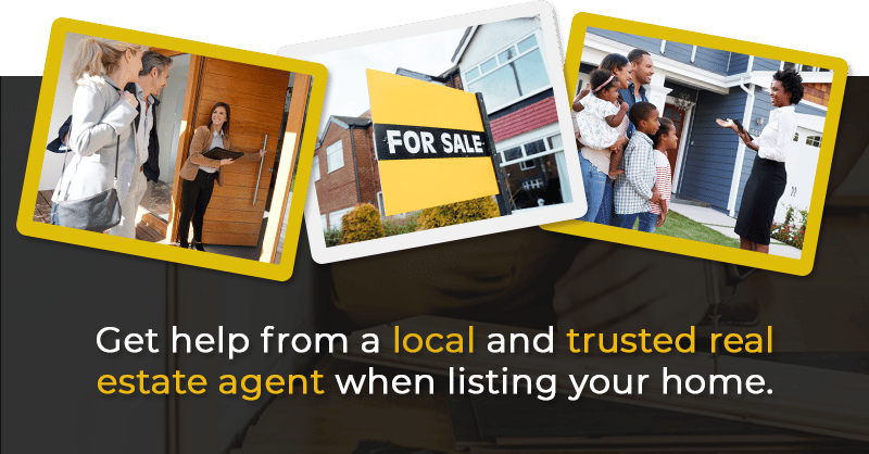 Real estate graphic with home-viewing photos, a for-sale sign, and advice to get help from a trusted local agent.