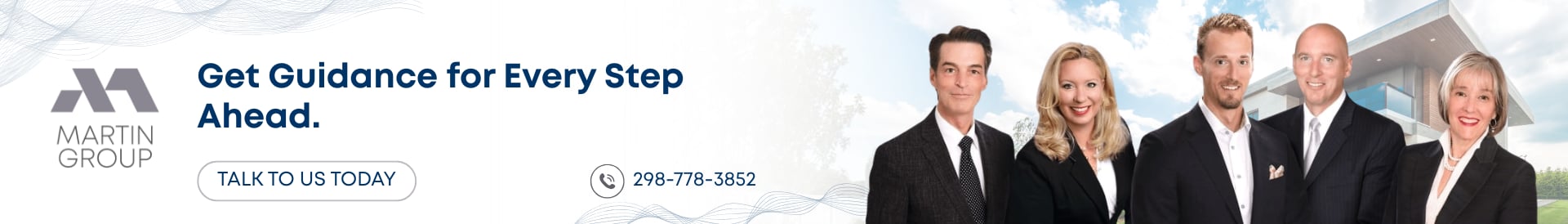 Martin Group real estate banner with team portraits, tagline, and contact information.