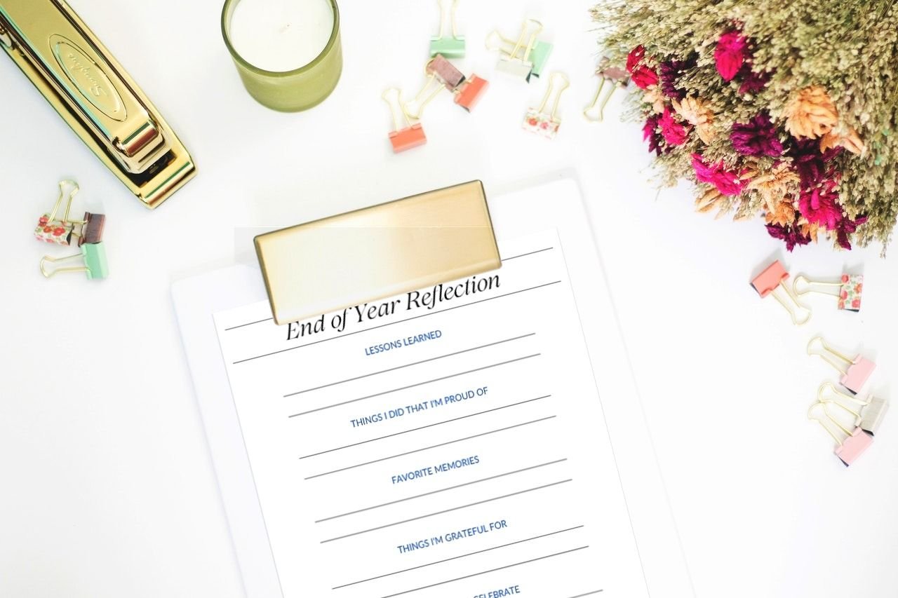 End-of-year reflection worksheet with prompts for lessons learned, proud moments, favorite memories, and gratitude.