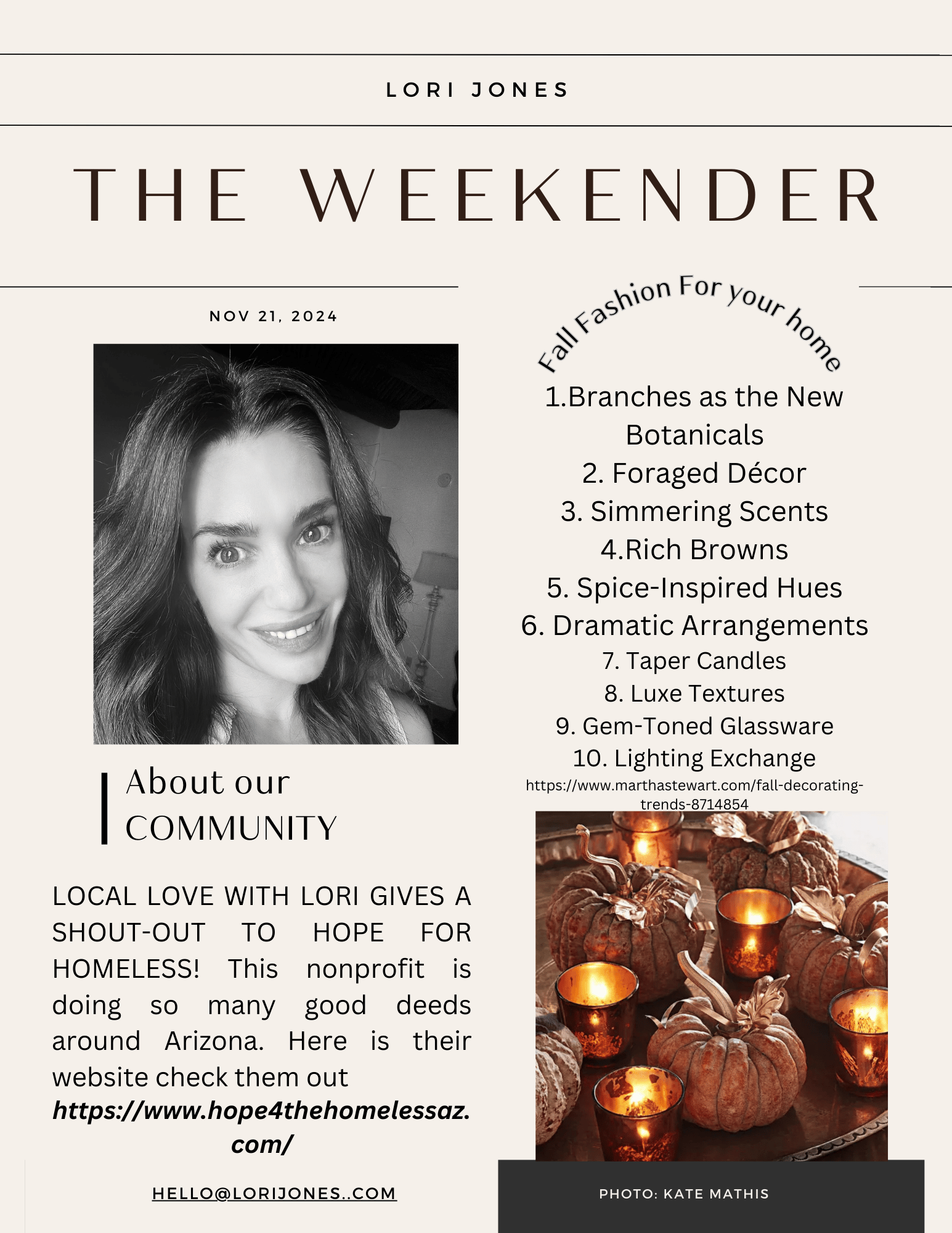 The Weekender fall trends graphic with Lori Jones’s portrait, a Hope for the Homeless feature, pumpkins, and candles.