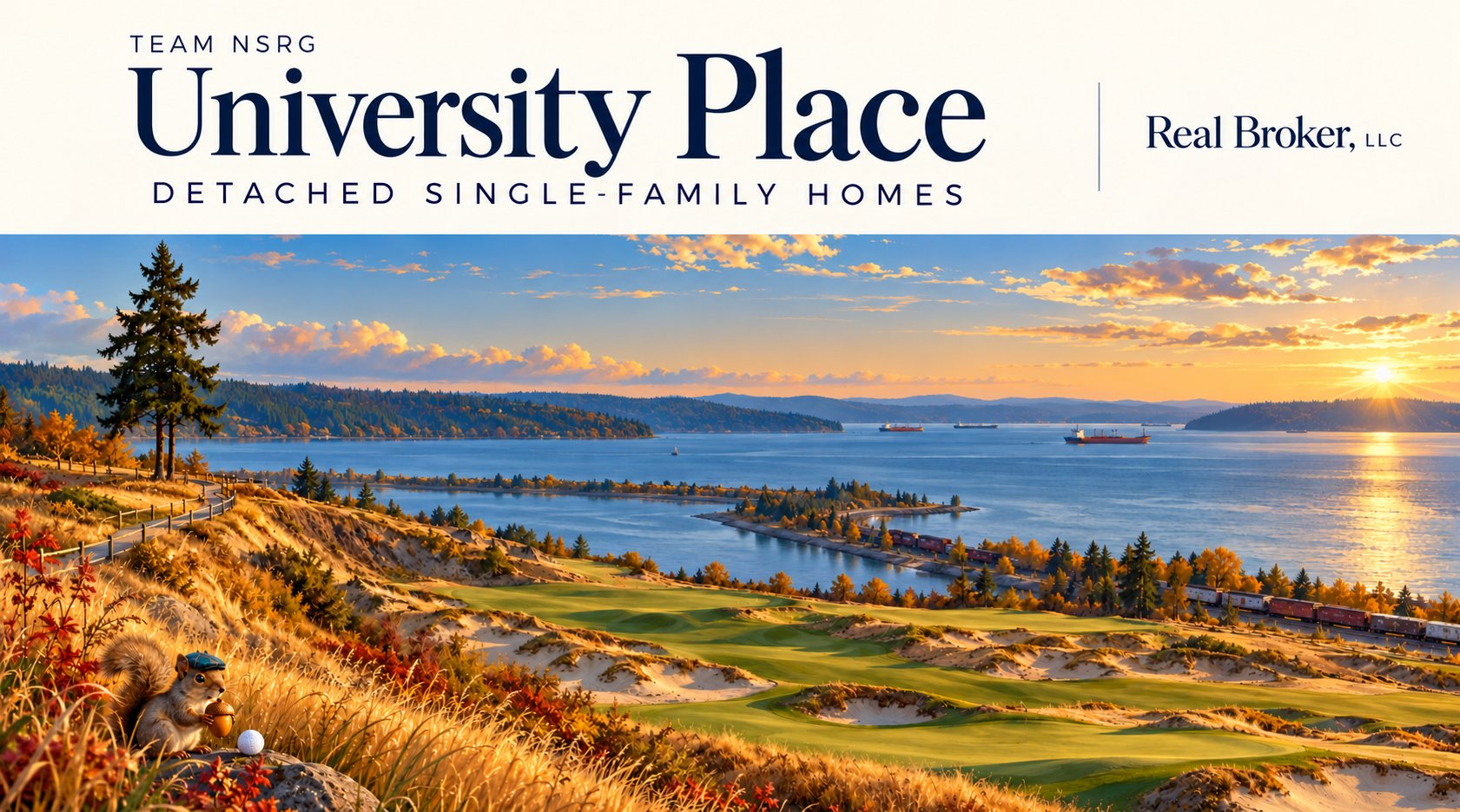 University Place detached single-family homes: Chambers Bay-inspired illustration with a small squirrel golfer, Team NSRG and Real Broker