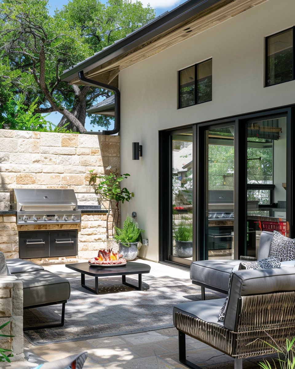 Modern home patio with lounge seating, built-in grill, and fire bowl