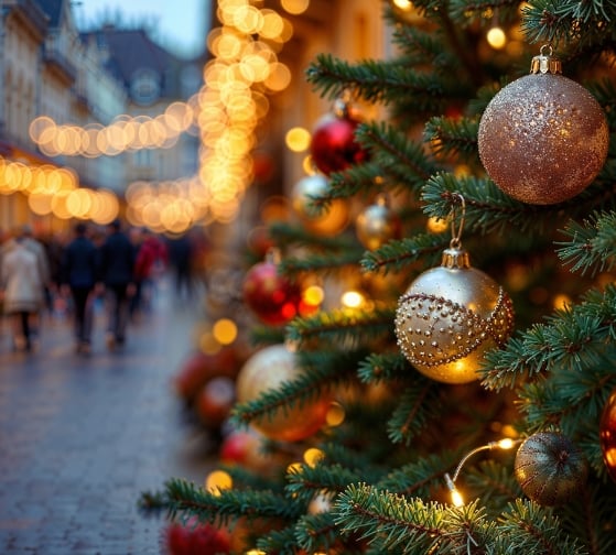 Decorated Christmas tree with glittering ornaments beside a softly lit street with pedestrians.