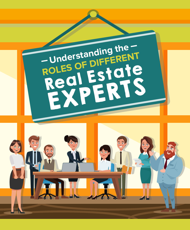 Illustrated group of real estate professionals gathered around a table beneath a sign about their roles.
