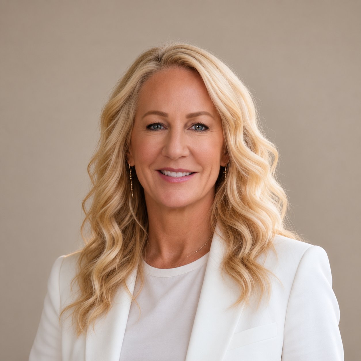 Deann Abbott wearing a white blazer, with long blonde hair against a neutral background.