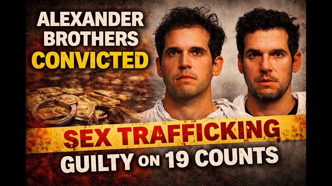 Graphic showing two men side by side with a distressed background, alongside bold text stating “Alexander Brothers Convicted” and “Sex Trafficking Guilty on 19 Counts,” with imagery of handcuffs and stacks of cash emphasizing a criminal conviction theme.
