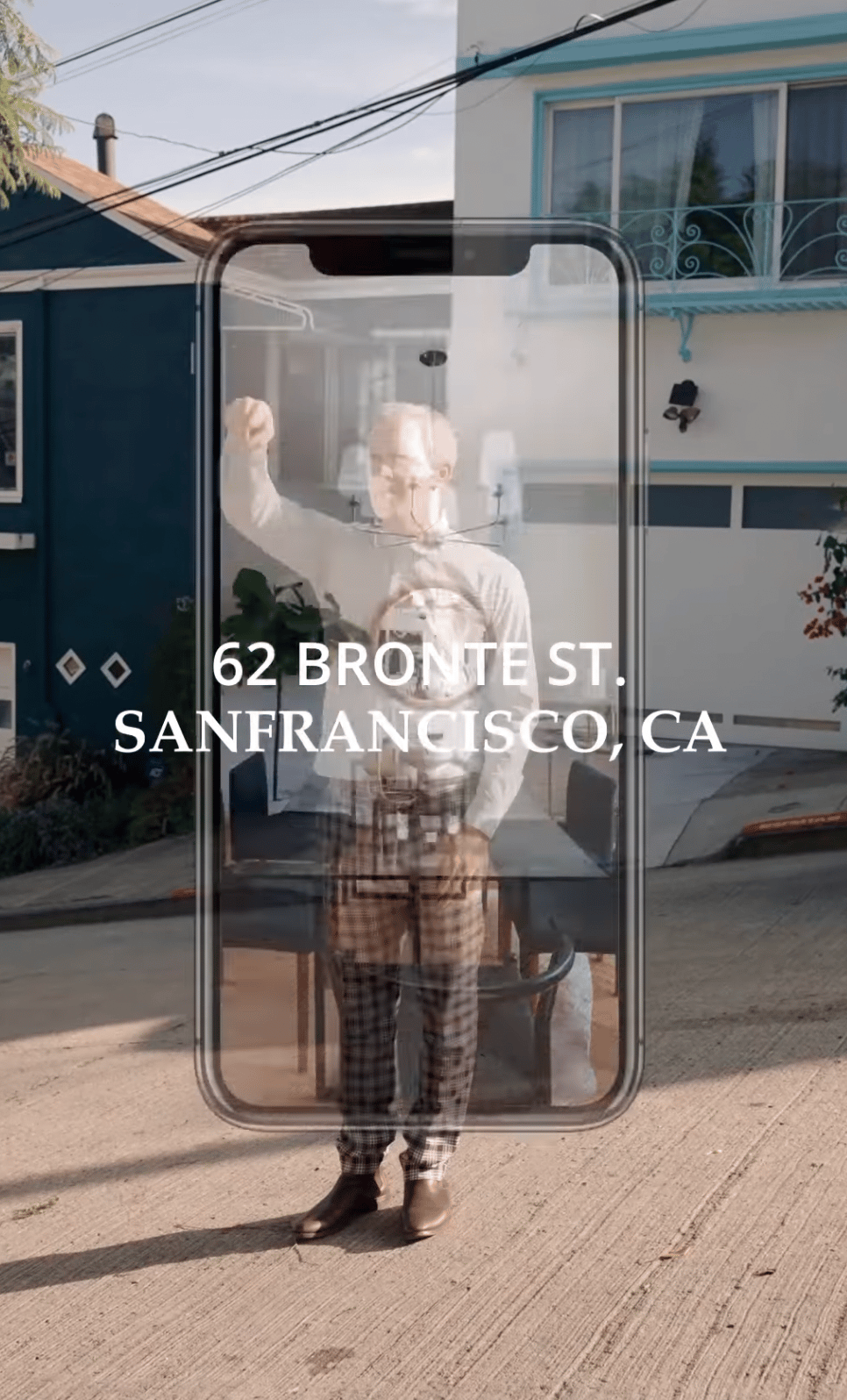 San Francisco home at 62 Bronte Street, shown behind a phone-shaped listing video featuring an agent.
