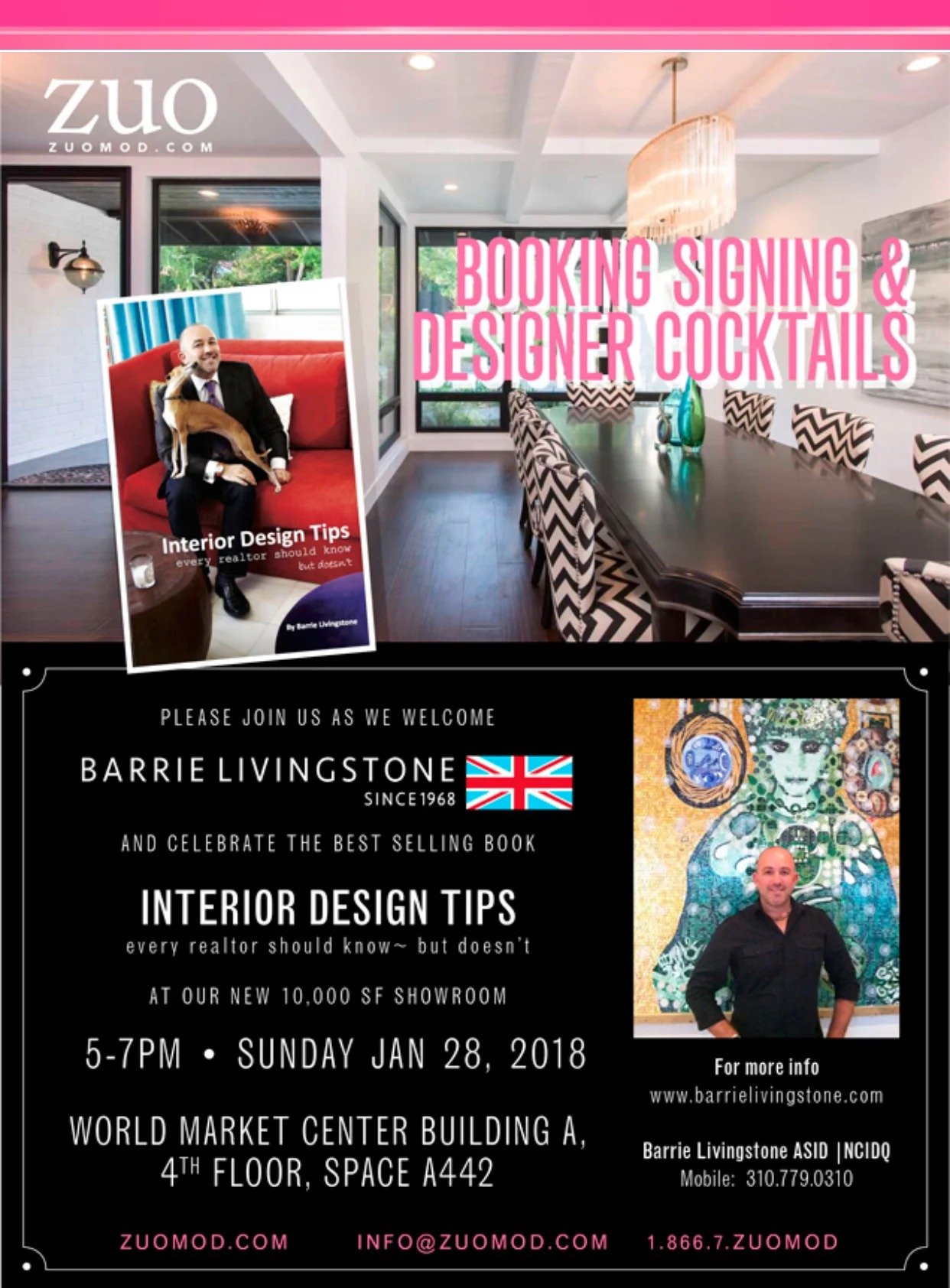 Flyer for Barrie Livingstone’s book signing and designer cocktails at Zuo on January 28, 2018.