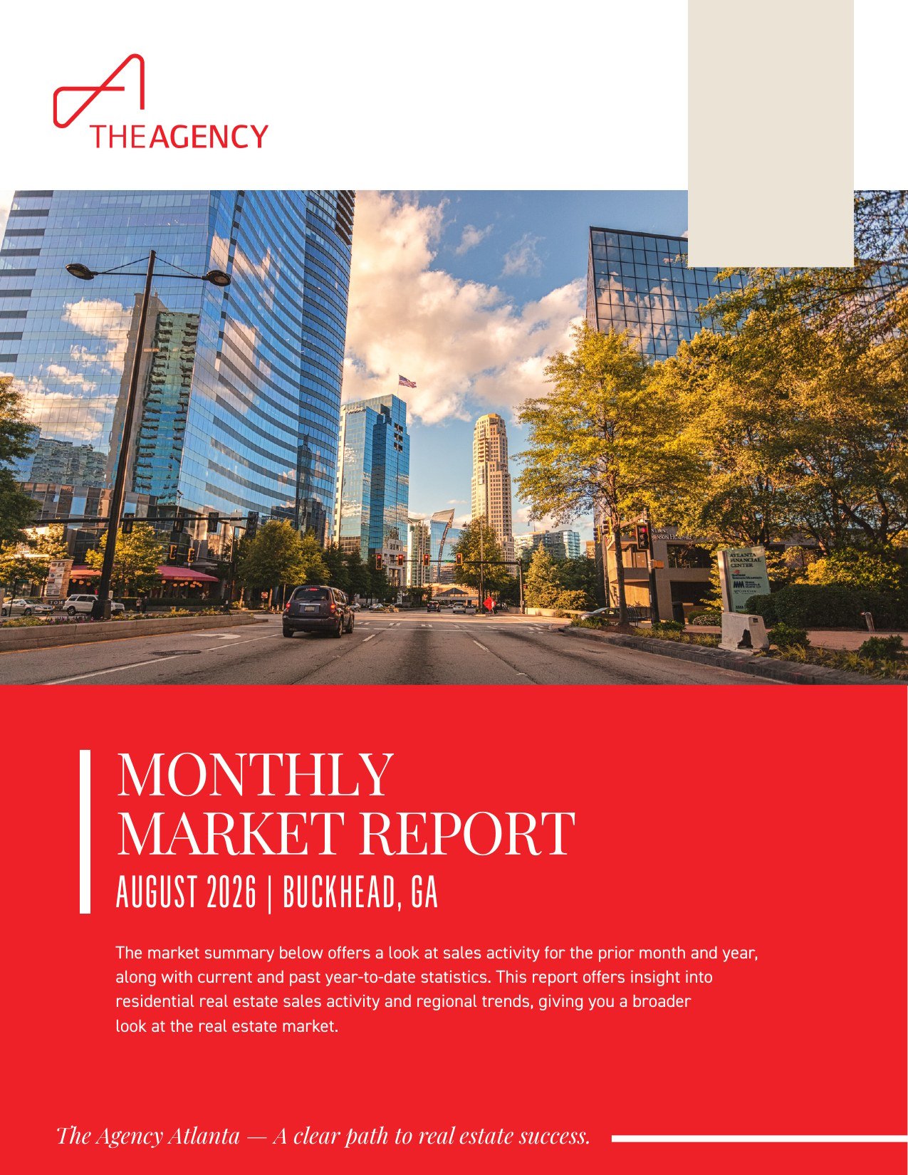 Monthly Market Report August 2026 cover for the Buckhead real estate market with Peachtree Road high-rise towers