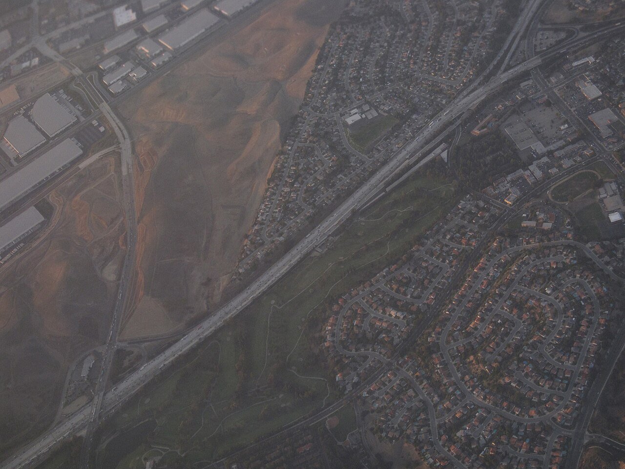 Historical 2011 aerial of the 57 and 60 freeway merge and surrounding Diamond Bar area housing