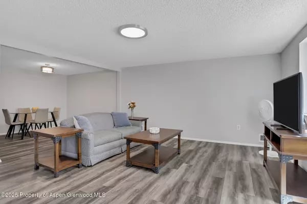Living room with gray sofa, wood coffee tables, and dining area.