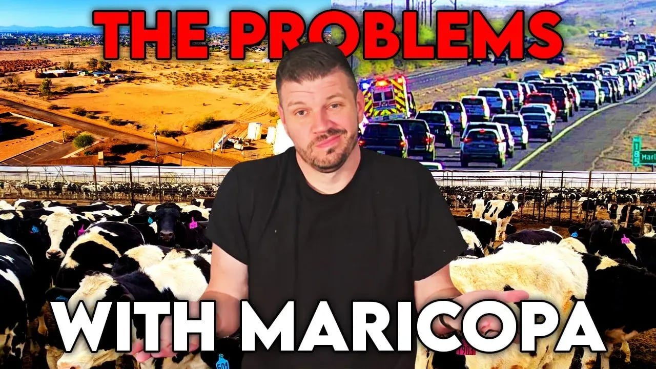 A man stands before desert development, highway traffic, and cattle beneath the words “The Problems with Maricopa.”