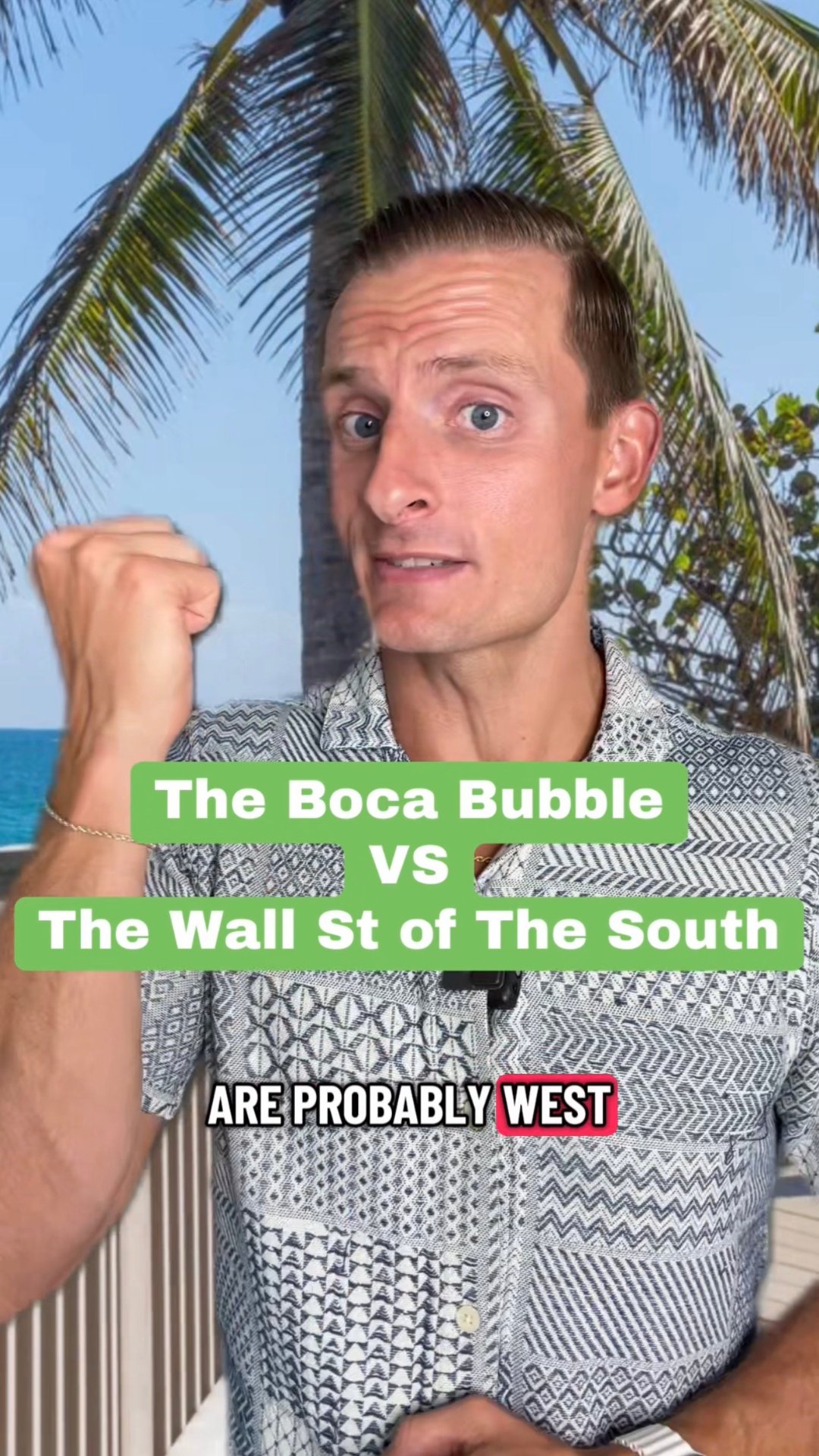 Boca Raton versus West Palm Beach comparison graphic featuring a man beneath palm trees.