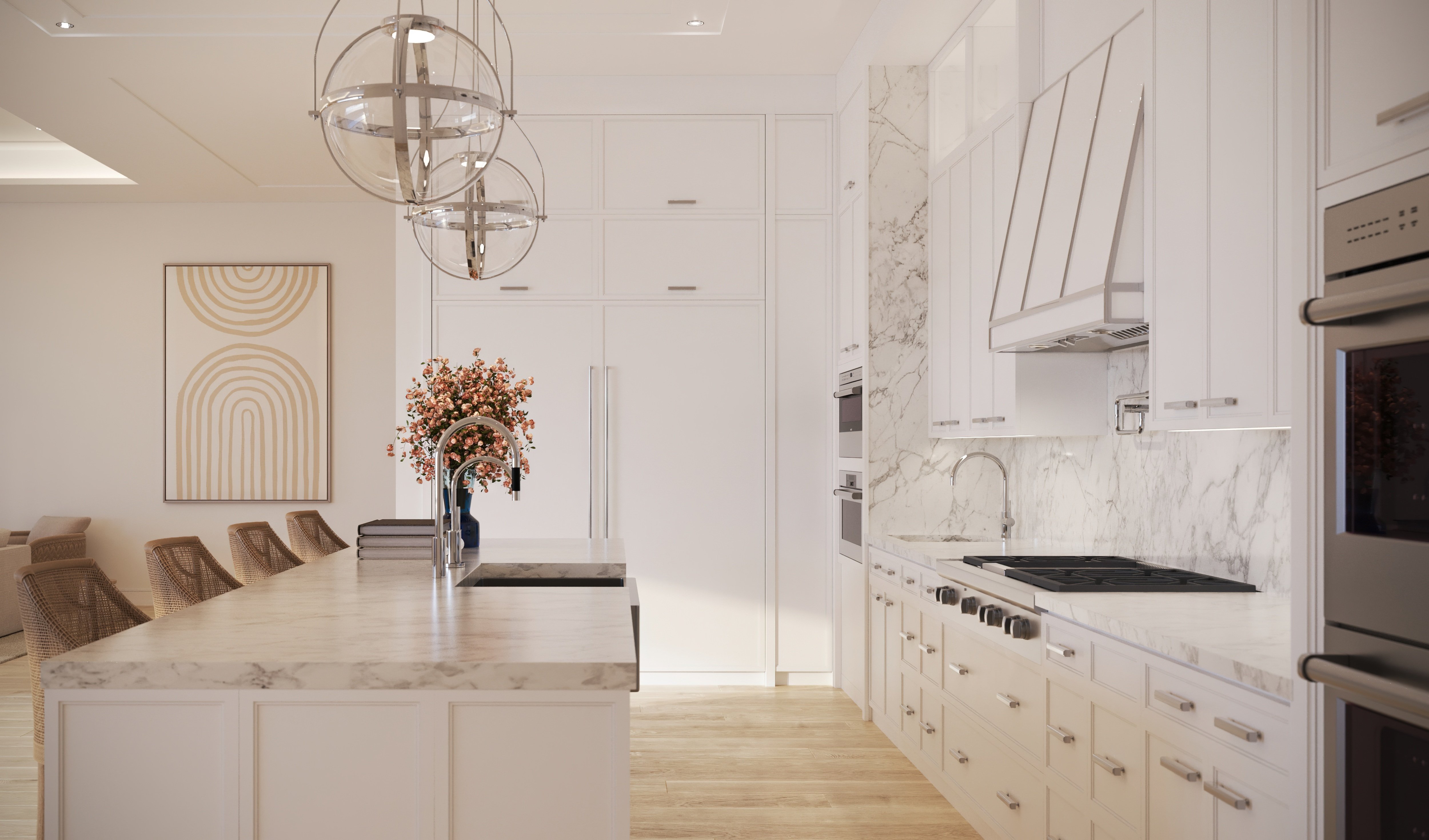 Rendering of a white kitchen with a marble island at the Four Seasons Residences at Naples Beach Club