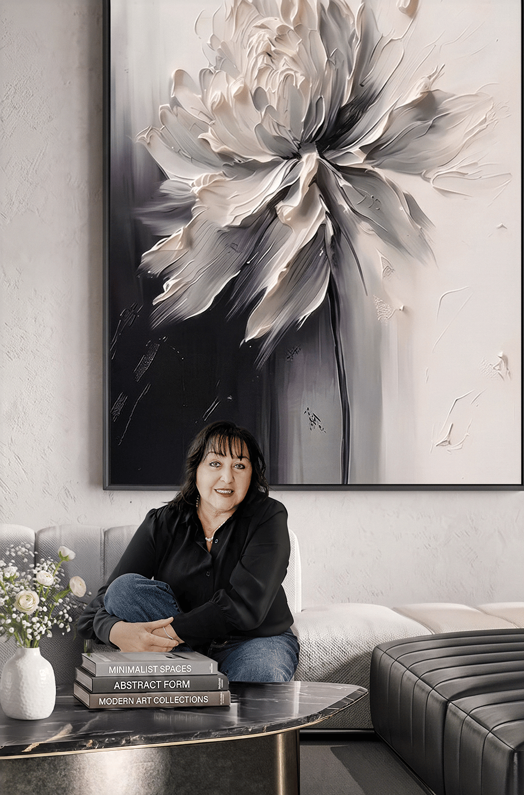 Laura Weiss seated on a sofa beneath oversized floral artwork.