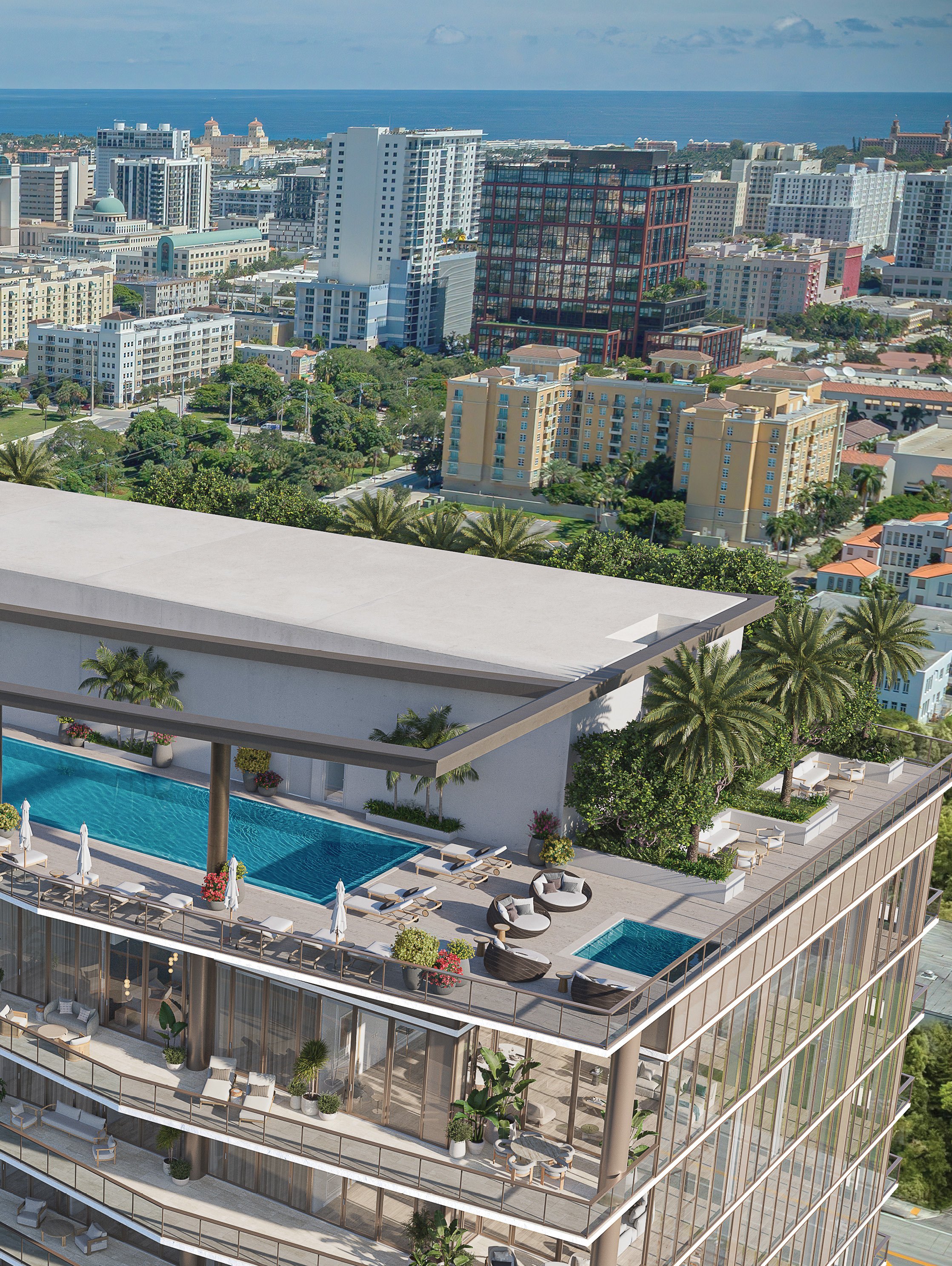 Rendering of The Berkeley with its rooftop pools, with Palm Beach and the ocean beyond