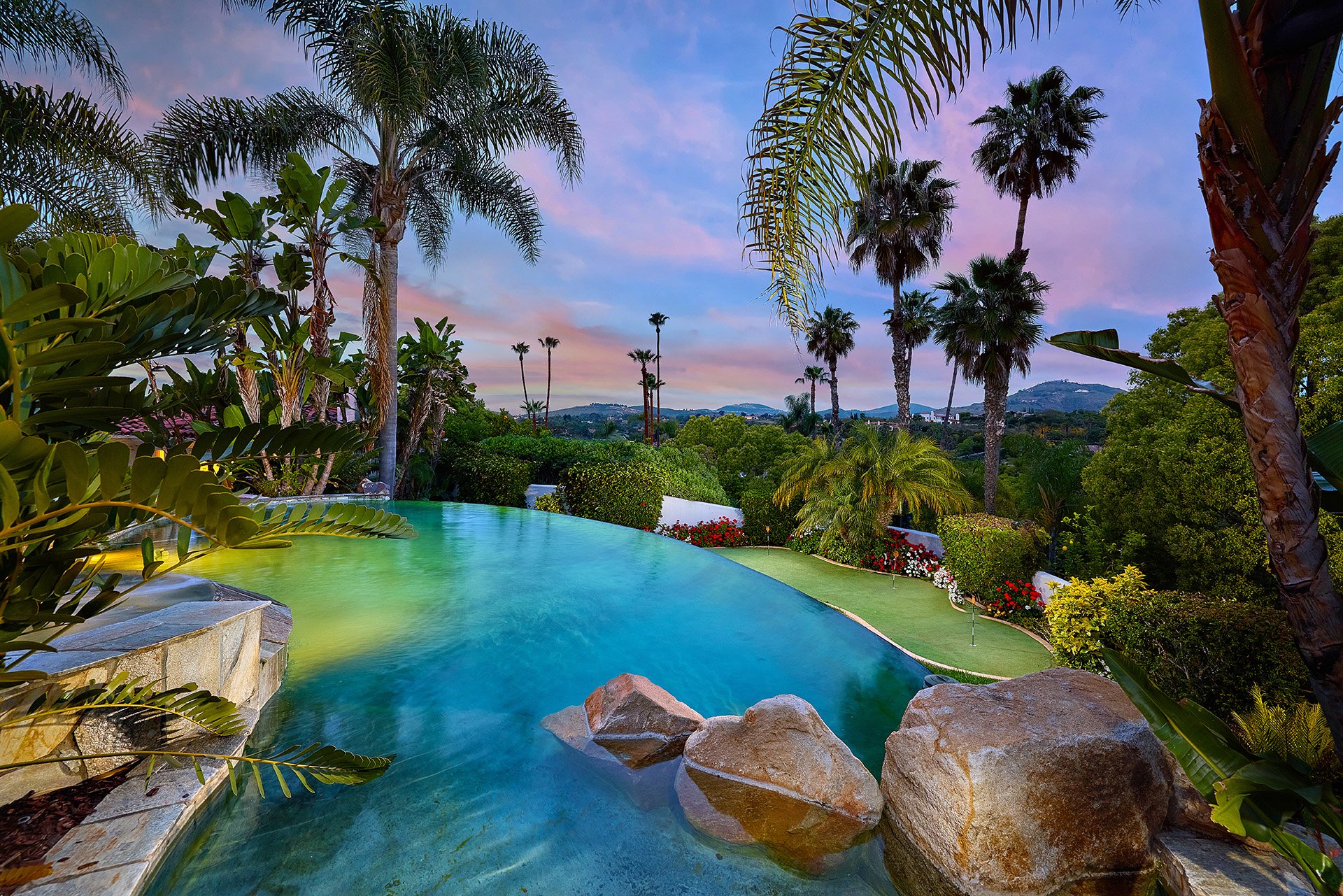 Resort-style pool and spa with panoramic views in Rancho Santa Fe estate