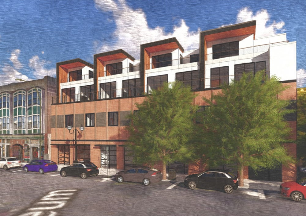 Rendering of a brick and white multi-story building with rooftop terraces along a tree-lined street.